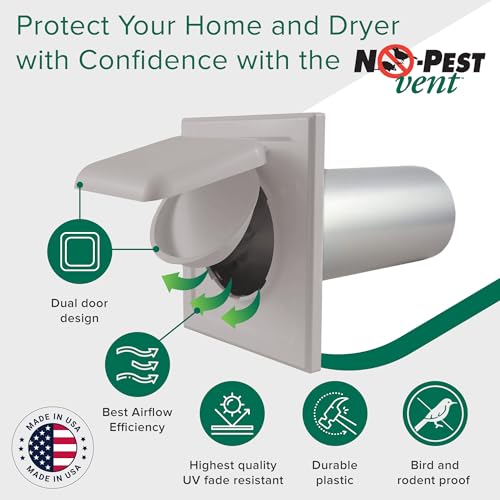 Image of NO-PEST VENT Dual Door Dryer Vent Cover 4 Inch Outdoor, Made in USA, Highest UV-Resistant Plastic, No Lint-Collecting Screen (Light Grey, 4 inch Plastic Vent With Duct Tube)