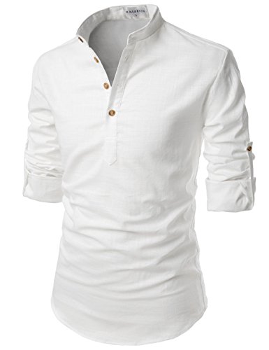 NEARKIN (NKNKN350 Beloved Men Henley Neck Long Sleeve Daily Look Linen Shirts White US S(Tag Size S)