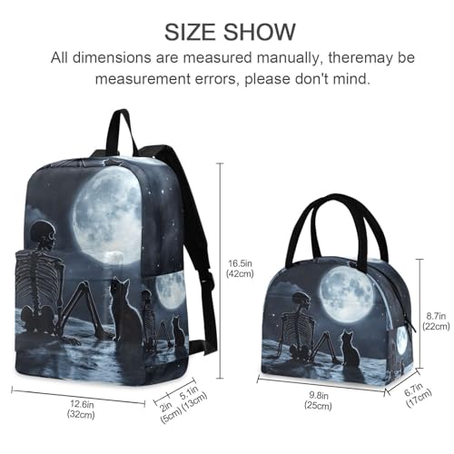 Backpack Lunch Bag Set Moon Skull Cat Print, Big Storage Travel Backpacks with Insulated Lunch Box for Office Hiking Picnic2