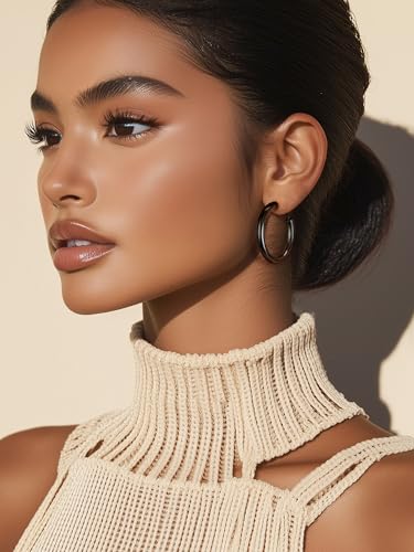 Stainless Steel Chunky Hoop Earrings For Women, Minimalist and Chic, Black/Gold Plated, Round Hoops Earrings Hypoallergenic, Size: 30mm/40mm/60mm/80mm, Come with Box2