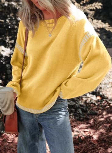Image of Dokotoo Sweaters for Women Crewneck Long Sleeve Contrast Cable Knit Tops | Early Fall Fashion, Solid Loose Fit Pullover Sweaters, Oversized Stitching Fall Clothes Outfits, Winter Clothing for Women