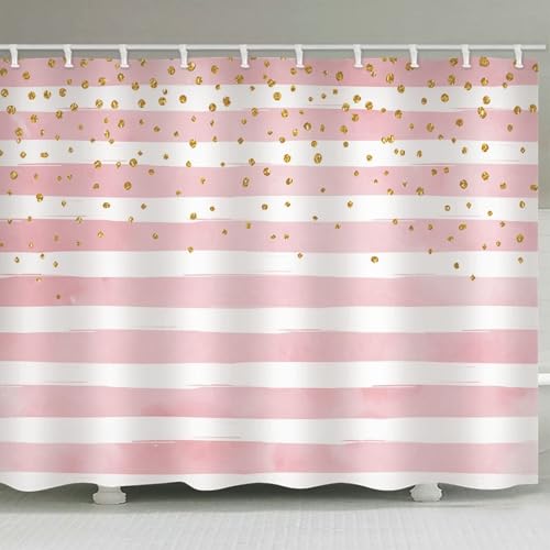Rideau de douche blanc rose à rayures en polyester imperméable - 3