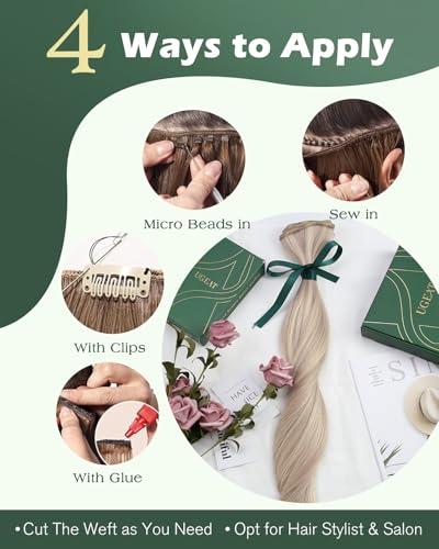 Image of Ugeat Weft Hair Extensions Human Hair 24 Inch, Sew in Weft Hair Extensions Human Hair 100g, Hair Weft Extensions Ash Blonde Highlights Bleach Blonde, Easy Wash