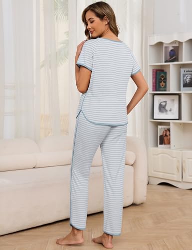 Image of Womens Pajama Sets Cotton 2 Piece Lounge Set Stripe Short Sleeve Pj Set Comfy Loungewear Sleepwear with Pockets