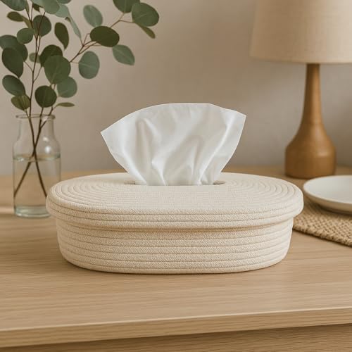 Image of BOBBINY Jute Cotton Tissue Box Holder, Handcrafted Tissue Container for 100 Pulls Natural Tissue Holder for Office Living Bedroom Car Desk Dining Table Home Decor (Off White, Design 1)