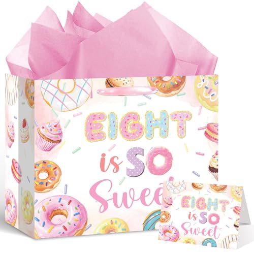 Donut 8th Birthday Gift Bags with Card and Tissue Paper Sweet Sassy and Eight Donut Ice Cream Gifts Bags with Handles-Big Wrapping Paper For 8th Donut Themed Party Decor Sweet Eight Party Supplies