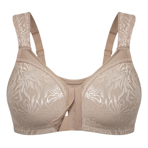 Image of Wingslove Women's Front Closure Minimizer Bra Full Coverage Wirefree Comfort Plus Size Racerback Jacquard Non Padded