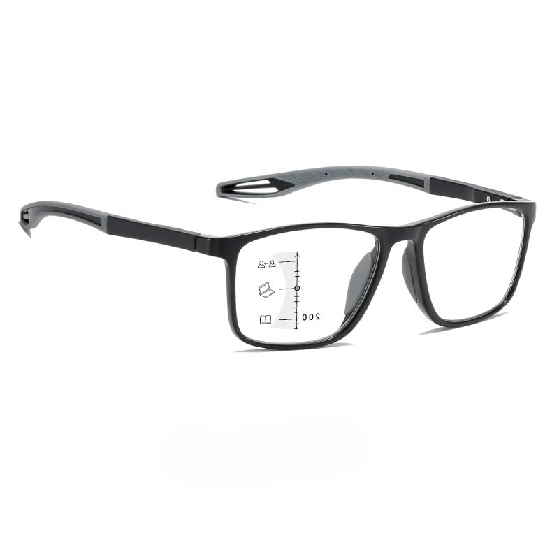 Gafas de Lectura Deportiva para Mujeres y Hombres Ultraligeras Anteojos de Lectura Gafas Anti Luz Azul, Gafas de Presbicia Multifocales Progresivas(Black gray,1.5 x)
