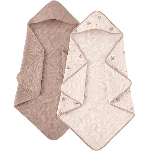 Image of Susurration Hooded Baby Towels for Newborn 2 Pack 100% Muslin Cotton Towel for Babies,Highly Absorbent and Newborn Essential 30x30 Inch Pink Star&Sand