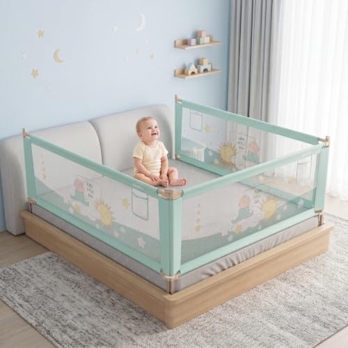 Image of Cherilo Bed Rails for Baby | Pack of 3 (Each Rail: 6ft / 180 cm) | 3 Side Bed Safety Guard for Kids | Foldable & Height Adjustable | Breathable Mesh, Kids-Friendly Prints | Sea Green (Pack of 3)