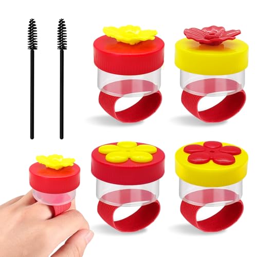 Feelorna 4 PCS Hummingbird Ring Feeder Hand Hold Hummingbird Feeder with 2 Cleaning Brush and Stretchy Finger Ring Strap Mini Hand Feeding Tools for Outdoors (2 Red+2 Yellow)