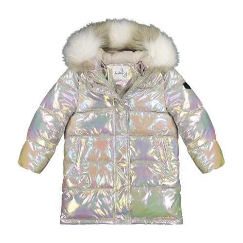 Sam Edelman Girls' Iridescent Puffer Coat - Faux Fur Hood, Warm Polyester Jacket