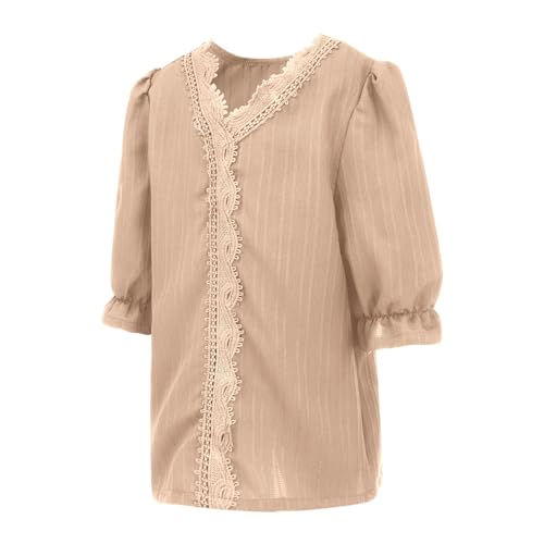 Girls Plain Lace Elegant Shirts Casual Puff Sleeve V Neck Top Trendy Solid Color Loose Fit Ruffle Hollow Blouses Tops3