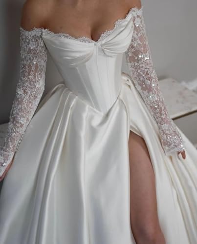Satin Long Sleeve Prom Dresses for Women A Line Lace Off The Shoulder Formal Ball Gown with Slit3