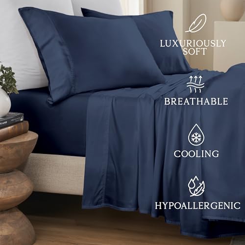 Image of KARISSA MAE Bamboo Viscose 34 inch Split Top King Size Sheet Set, FSC Certified | Single 34 inch Split Fitted Sheet | Sleep Number & Adjustable Bed | Cooling | 18 inch Deep Pocket w / Corner Straps [Navy]