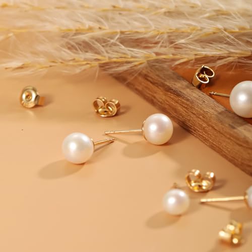 Image of Freshwater Pearl Stud Earrings for Women - Hypoallergenic 925 Silver Plated With 14k Gold Genuine Round White Pearls Elegant Gift for Her