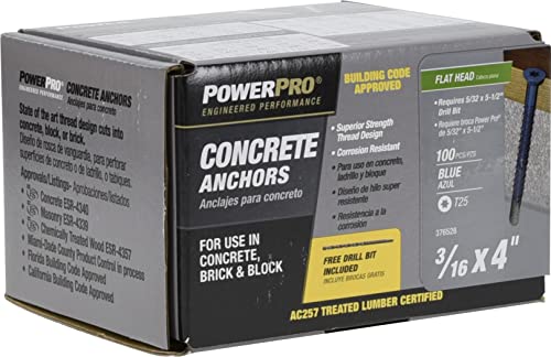 Power Pro Blue Flat-Head Concrete Screw Anchors (3/16" X 4") - 100 Pc #TOP4