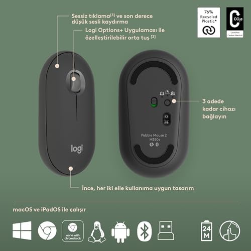 Logitech Pebble 2 Set Çoklu Cihaz Özellikli Sessiz Kablosuz Türkçe Q Klavye ve Mouse Seti - Siyah - Görsel 7