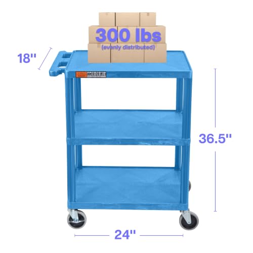 Image of Luxor HE34-BU Utility Cart - 3 Shelves Structural Foam Plastic, Four 4 inch Casters, Two with Locking Brake, Ergonomic Push Handle, 24 inchW x 18 inchD x 34 inchH, Offices, Classrooms