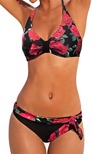Upopby Women's Sexy Padded Push Up Bikini Set Printed Bathing Suits Two Pieces Swimsuit Swimwear Red Floral L - Image 2