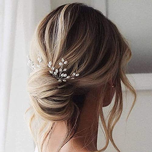 Earent Bride Wedding Hair Pins Silver Pearl Hair Piece Crystal Hair Accessories Bridal Headpiece for Women and Girls (Pack of 3)