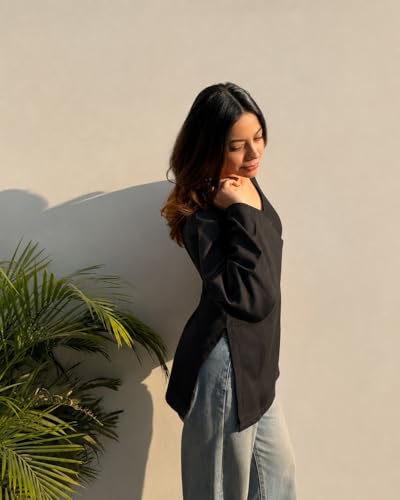 Image of ANNI Designer Short Kurti for Women Solid Design | V Neck Full Sleeve Kurti Tops for Women | Stylish Kurtis & Short Kurtis for Woman | Casual Kurti with Jeans | Kurtas for Woman