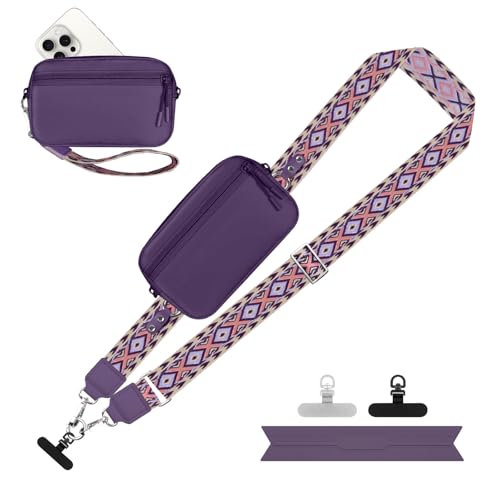 Image of YFWE Clip and Go Strap for Phone with Wallet Crossbody, Adjustable Phone Lanyard with Detachable RFID Wristlet Wallet, Pattern Strap - Dark Purple (L)