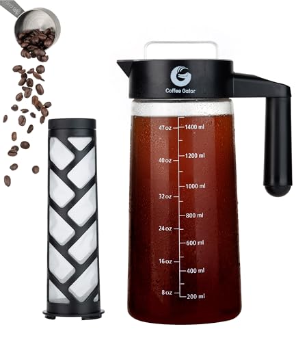 Cold Brew Gifts 4 Coffee Gator Cold Brew Coffee Maker - 47 oz Iced Tea and Iced Coffee Maker and Pitcher with Borosilicate Glass Carafe, Filter - Black