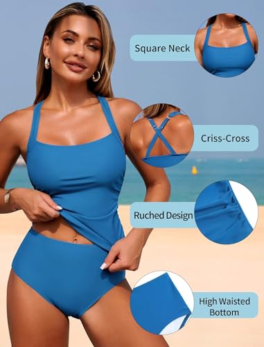 Image of ZAFUL Tankini Swimsuits for Women 2025 Tummy Control Two Piece Bathing Suits Ruched Tankini Tops Swimwear Royal Blue XL