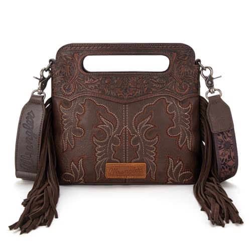 Wrangler Crossbody Bags for Women Western Fringe Top Handle Handbags Embroidered Boot Scroll Crossbody Bag