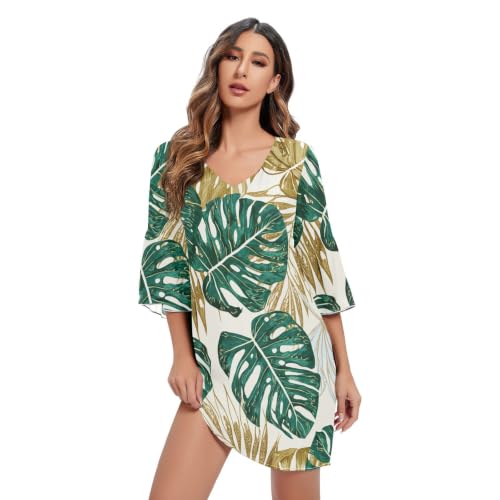 Robe décontractée manches 3/4 motif tropical : tenue fluide et légère d'été