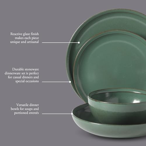 Image of Gibson Elite Beckett Stoneware Matte Reactive Glaze 16 Piece (Service for 4) Plates and Bowls Dinnerware Set - Green