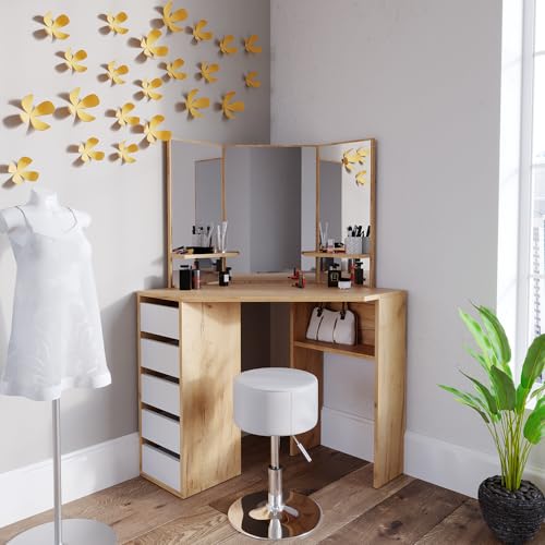 Vicco Eckschminktisch Goldkraft Eiche Arielle 110x141.5x54 cm - Frisiertisch für die Ecke, Spart Platz und nutzt Zimmerecken optimal aus