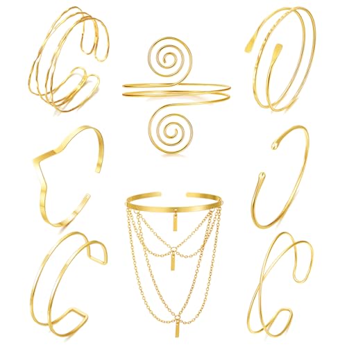 BROCC 8Pcs Gold Arm Cuff Jewelry for Women Upper Arm Cuff Bracelet Adjustable Open Armband Cuff Bracelet Set