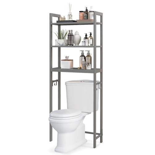 GOPLUS Estantería para inodoro, estantería para lavadora con 3 estantes y 3 ganchos extraíbles, estantería de baño para inodoro, cuarto de baño y lavandería, 63 x 26,5 x 170 cm (gris)