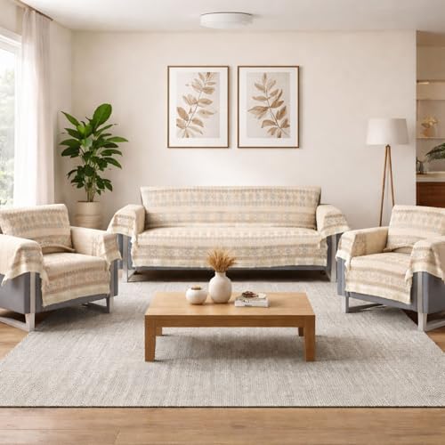Image of Elegant Woven Beige Sofa Cover - Soft Chenille Traditional Pattern with Lace Style | L-Shape Sectional Seat Protector for Living Room | Durable & Stylish Slipcover 5 Seater with Arms