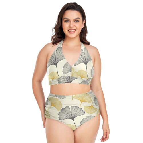 Ensemble de bikini grande taille imprimé ginkgo gris et doré réglable pour femme