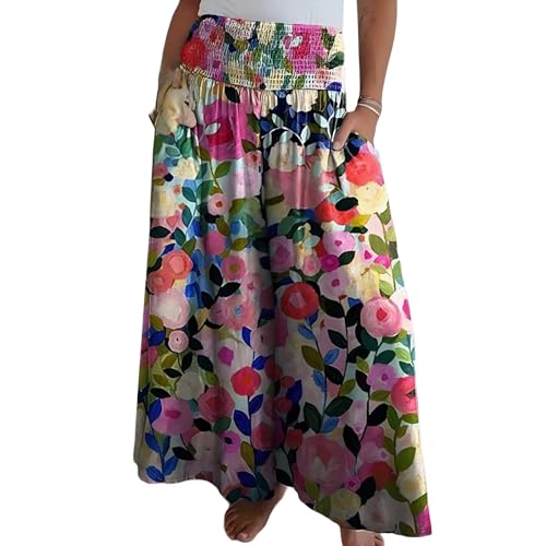Women's Casual Wide Leg Palazzo Pants with Elastic Waist & Side Pockets - Tropical Boho Print Flowy Lounge Pants