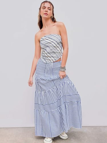 CIDER Womens Casual Dresses Strapless Tube Stripped Shirred A Line Blue Beach Vacation Midi Dress Maxi Skirts2