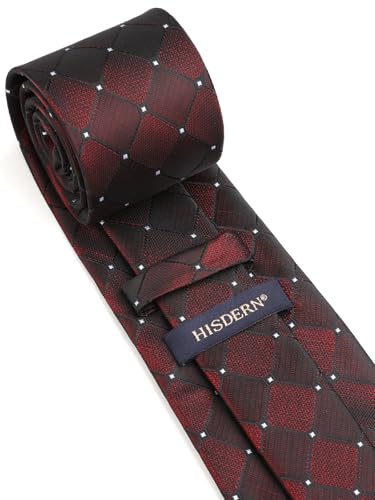 Image of HISDERN Plaid Ties for Men Classic Checkered Tie and Pocket Square Cufflinks Tie Clip Set Woven Men's Necktie Business