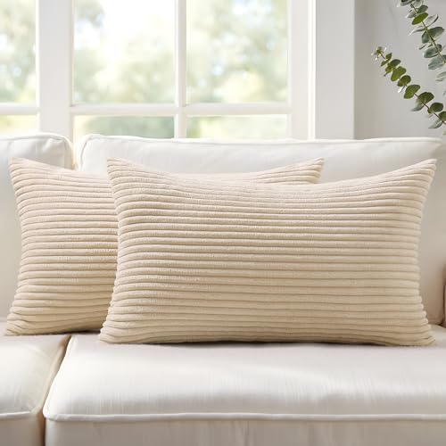 Image of Mecatny Corduroy Fall Decorative Throw Pillow Covers 12x20 Set of 2 for Sofa Living Room, Soft Neutral Boho Couch Pillow Covers for Home Decor, Beige