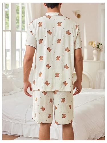 Men's 2 Piece Pajama Set Cartoon Bear Graphic Short Sleeve Button Down Shirt and Shorts Pjs Sleepwear Loungewear2