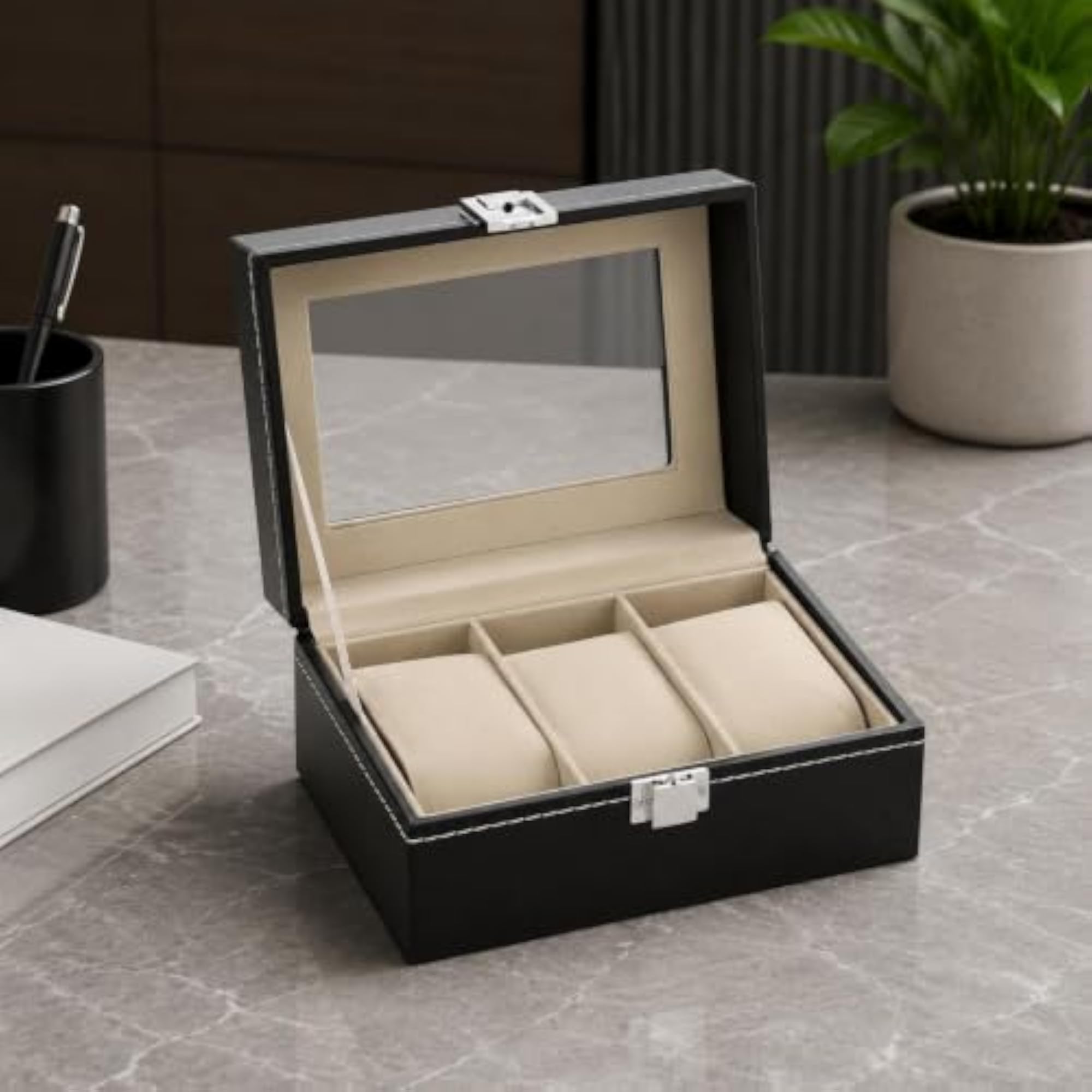 Padded Watch Display Box, Leather-Like Organizer with 12 Slots
