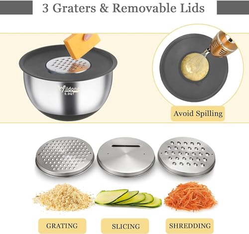 Wildone Mixing Bowls with Airtight Lids, 22 PCS Stainless Steel Mixing Bowls Set, 3 Grater Attachments, Measurement Marks & Non-Slip Bottom, Size 5, 4, 3, 2,1.5, 0.63QT, Ideal for Mixing & Prepping by Wildone - Image 3