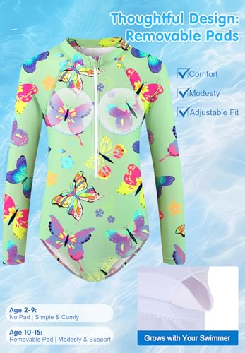 Image of Zando UPF50+ Girls Long Sleeve One Piece Swimsuit with Zipper - Rash Guard for Teens Toddler Kids 2-15 Years