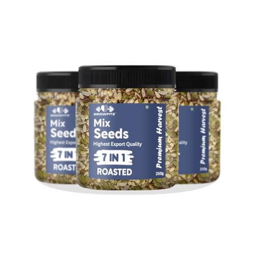 Image of Growfitz 7-in-1 Super Seed Mix | Pack of 3 (250g Each)| 24.4g High Protein & Fiber | Roasted Pumpkin, Sunflower, Flax, Chia, Soy Nuts & Sesame | Healthy Snack |