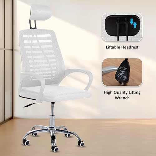 Image of Mesh Office Desk Chair,Rocking Ergonomic Computer Chair Adjustable High with Headrest and Comfortable Armrest Swivel - White & White Handle