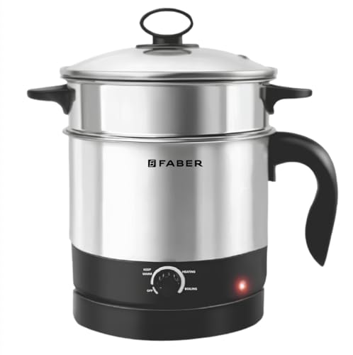 Image of Faber 600W 1.2L Multi Cooker + Steamer|Cook Noodles, Rice, Soup, Baby Food, Boil Veggies & Eggs|Steam Momos|SS204 Container & Steamer, Egg Boiler Stand, Lid|Temp Control Knob|FMC1.2L PRO Steamer SS