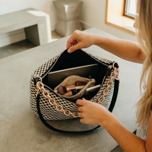 Bolso bandolera para mujer, bolso tote de cuero tejido con cadena metálica miniatura 2