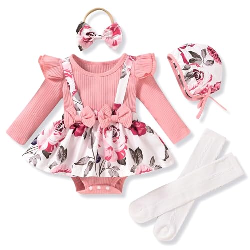Image of Unutiylo Preemie Newborn Baby Girl Clothes Romper Suspender Dress Fall Winter Outfits Ruffle Long Sleeve Jumpsuit